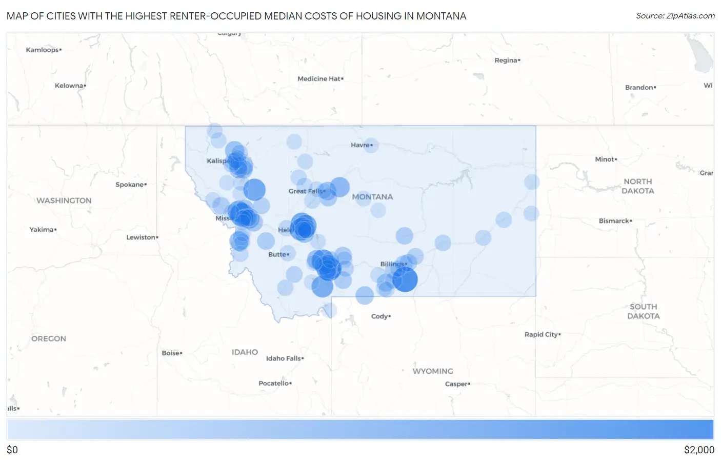 Cities with the Highest Renter-Occupied Median Costs of Housing in Montana Map