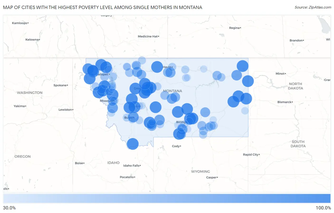 Cities with the Highest Poverty Level Among Single Mothers in Montana Map