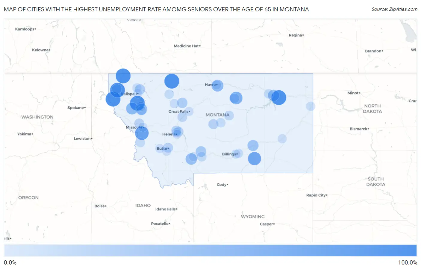 Cities with the Highest Unemployment Rate Amomg Seniors Over the Age of 65 in Montana Map
