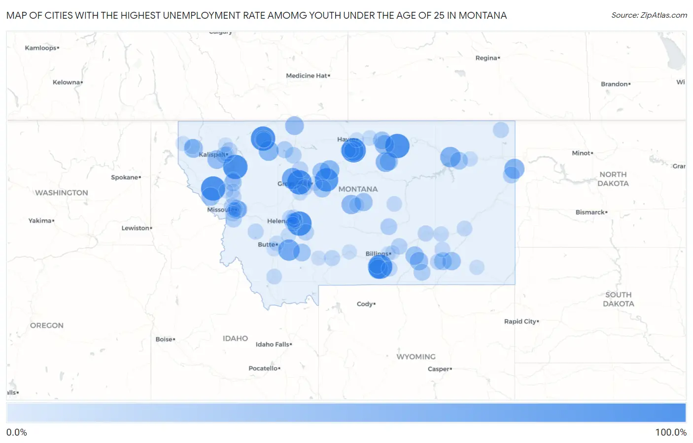 Cities with the Highest Unemployment Rate Amomg Youth Under the Age of 25 in Montana Map