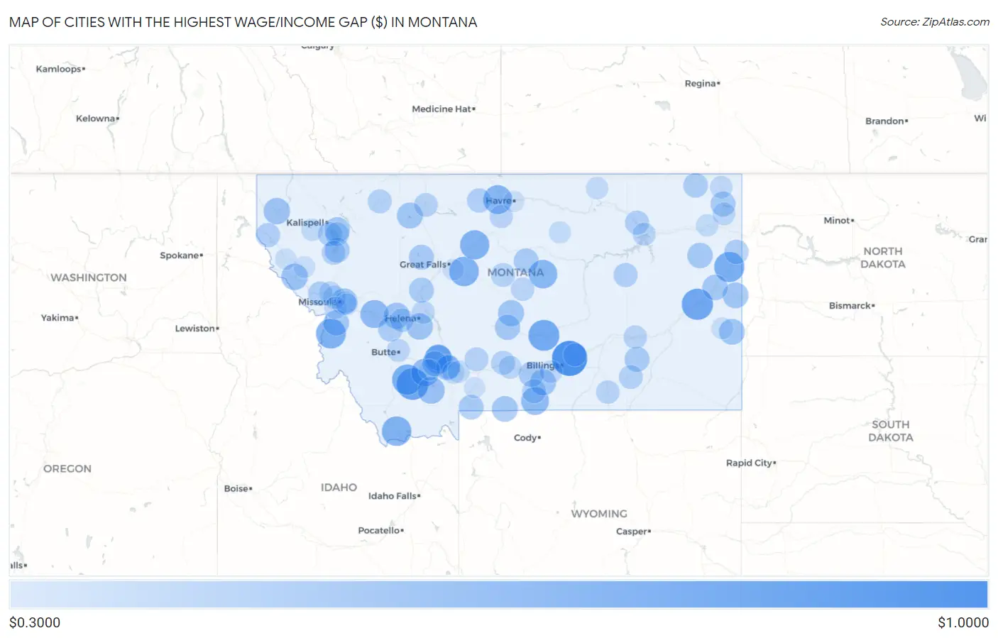 Cities with the Highest Wage/Income Gap ($) in Montana Map