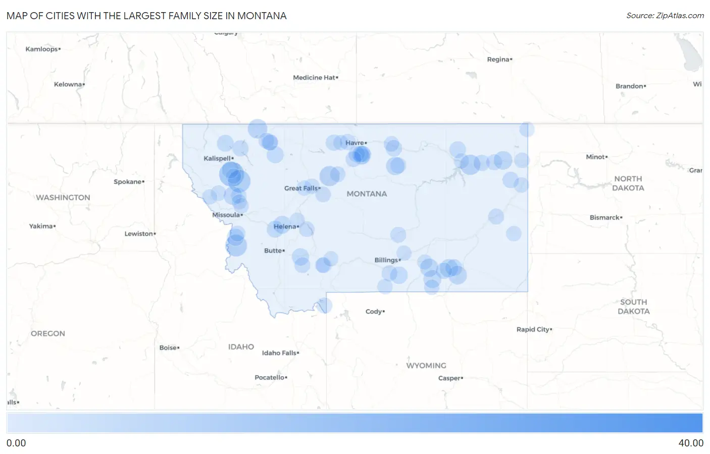 Cities with the Largest Family Size in Montana Map