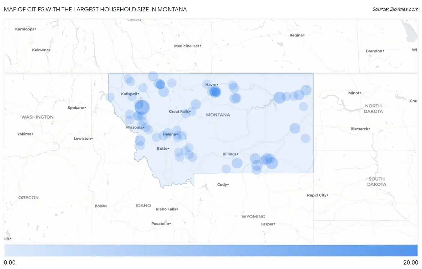 Cities with the Largest Household Size in Montana Map