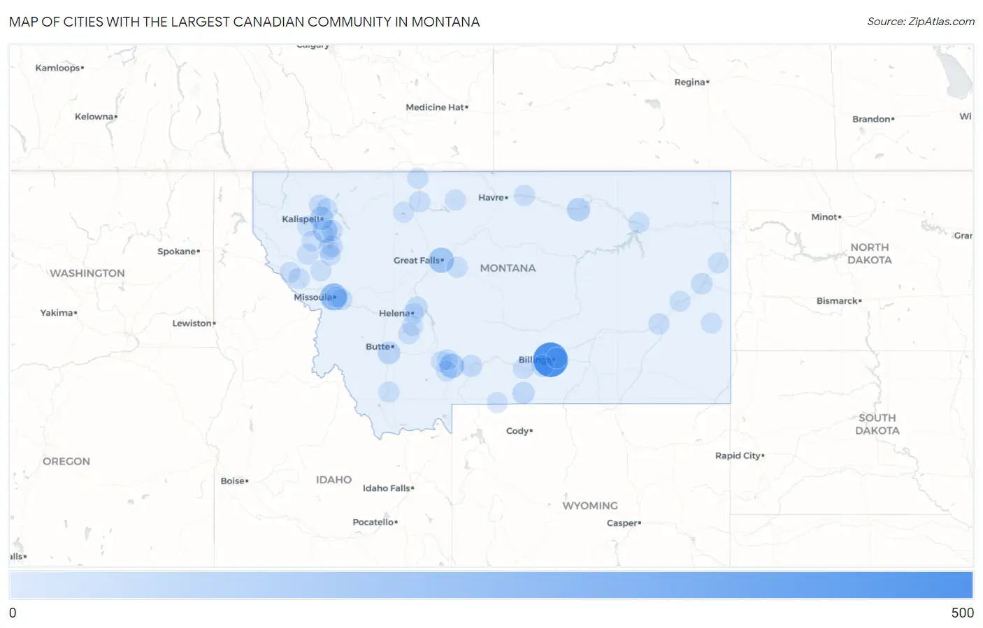 Cities with the Largest Canadian Community in Montana Map