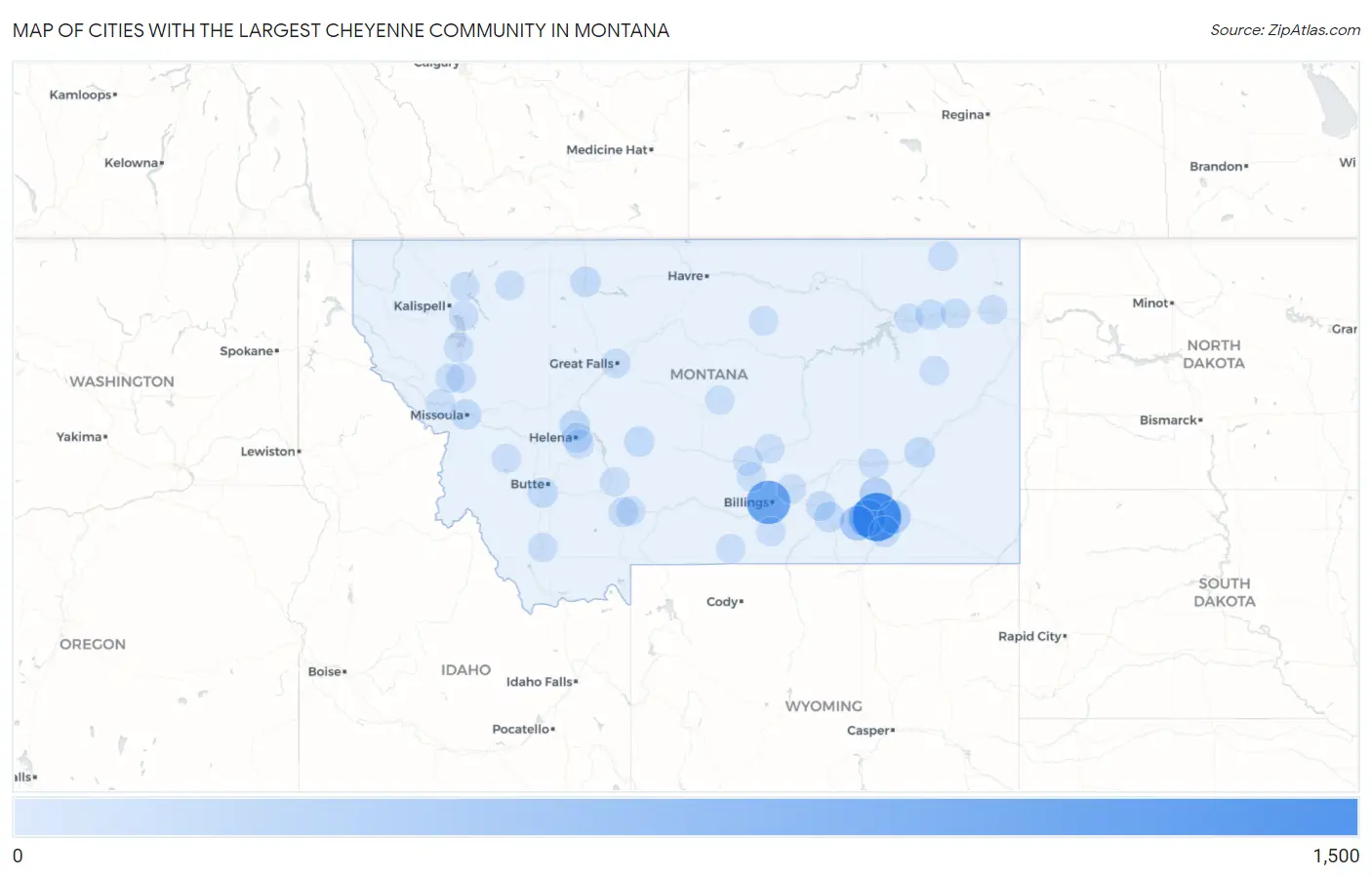 Cities with the Largest Cheyenne Community in Montana Map