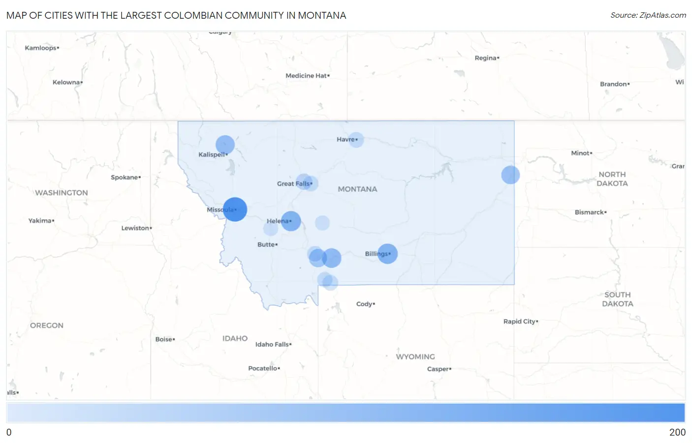 Cities with the Largest Colombian Community in Montana Map