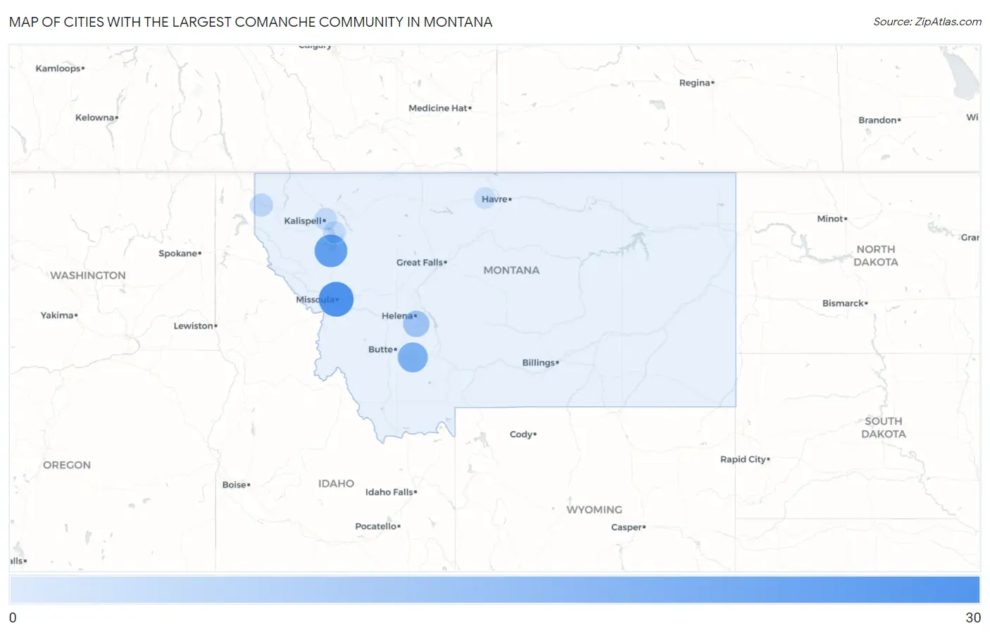 Cities with the Largest Comanche Community in Montana Map