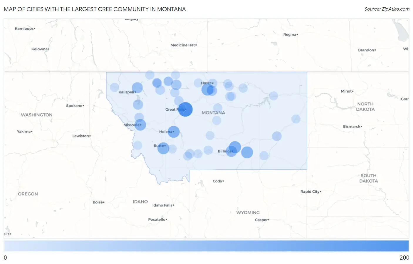 Cities with the Largest Cree Community in Montana Map