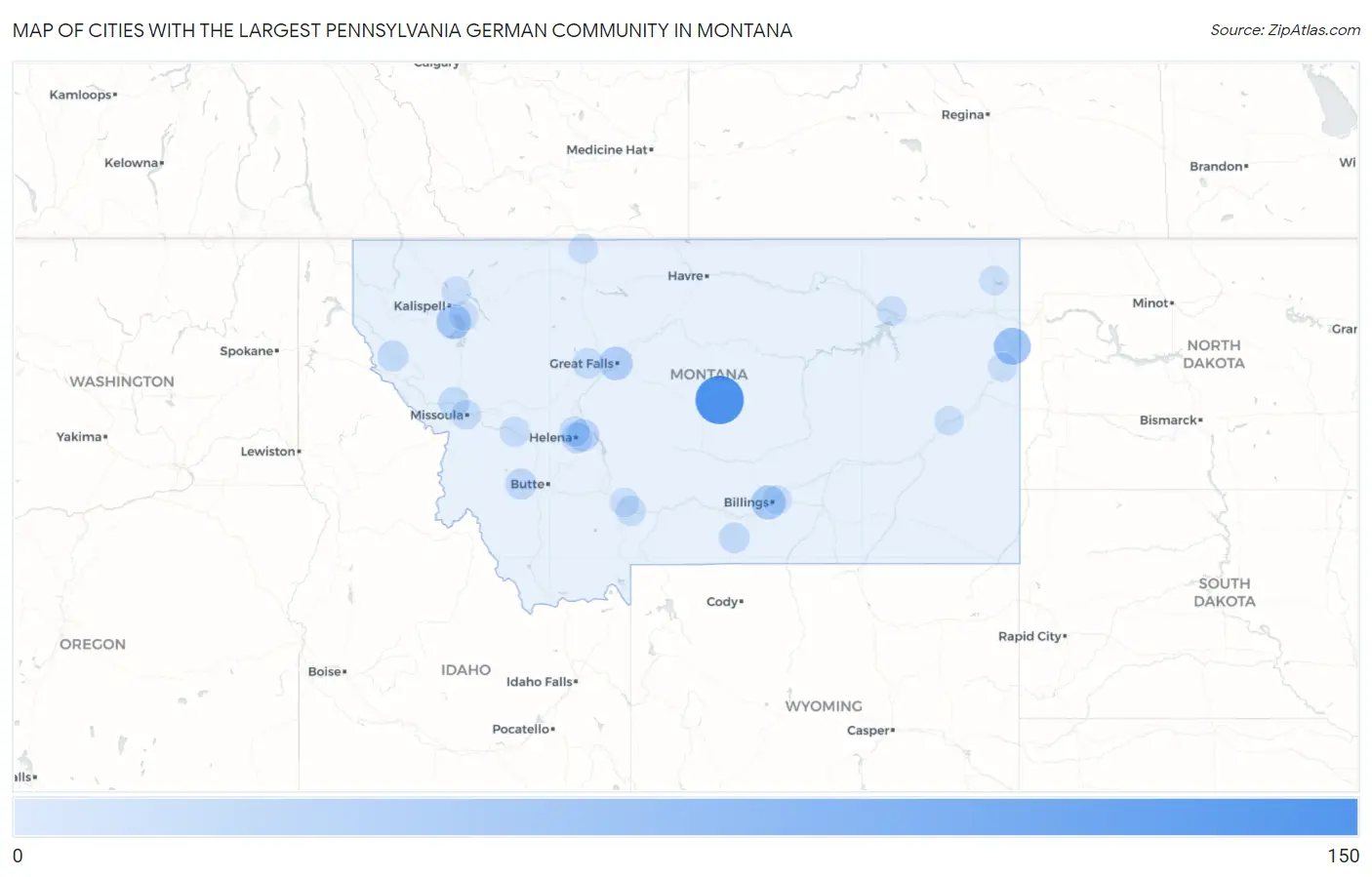 Cities with the Largest Pennsylvania German Community in Montana Map