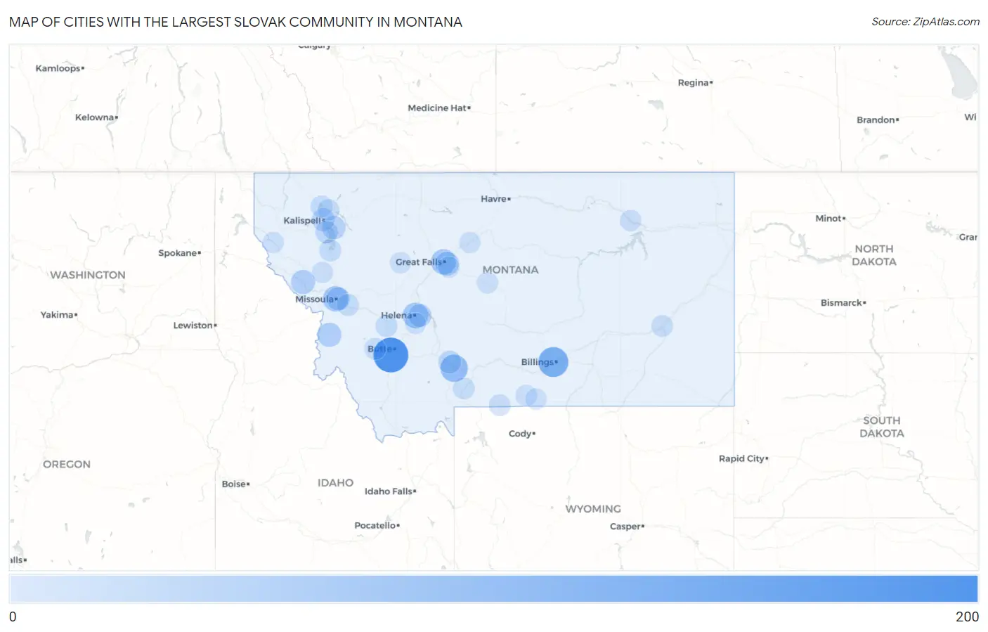Cities with the Largest Slovak Community in Montana Map