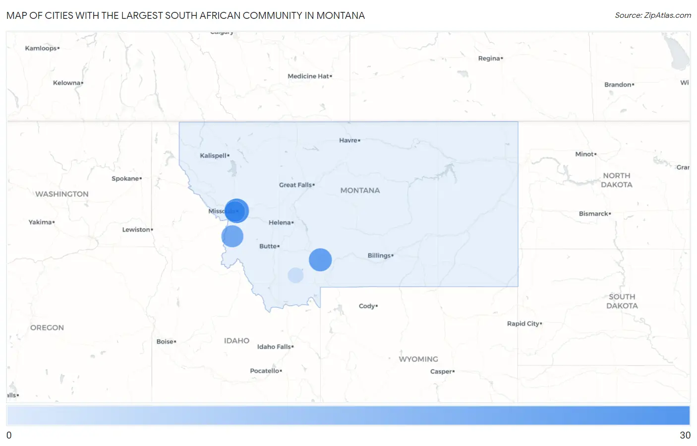 Cities with the Largest South African Community in Montana Map