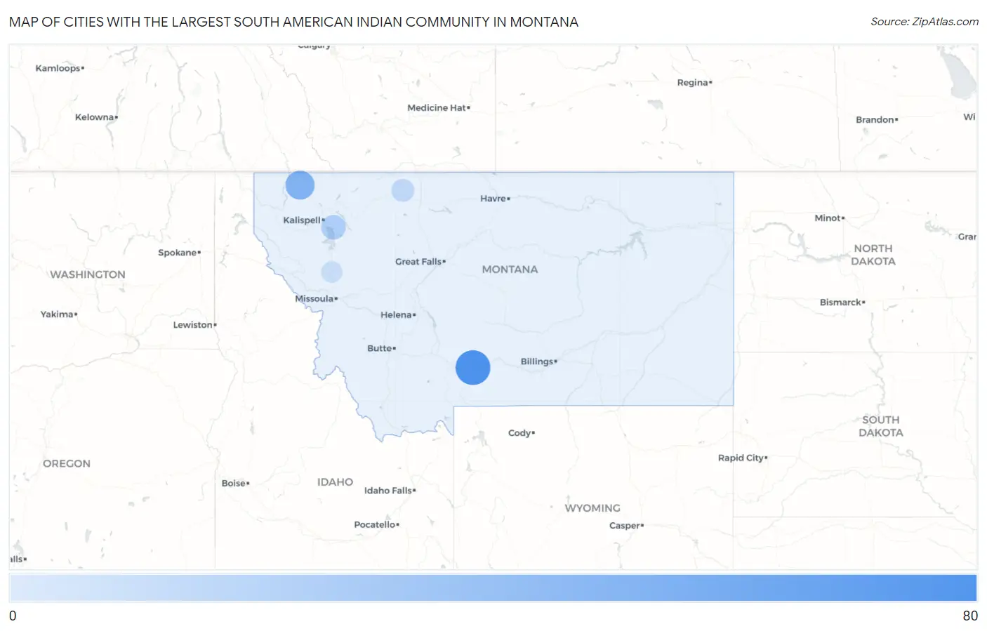 Cities with the Largest South American Indian Community in Montana Map
