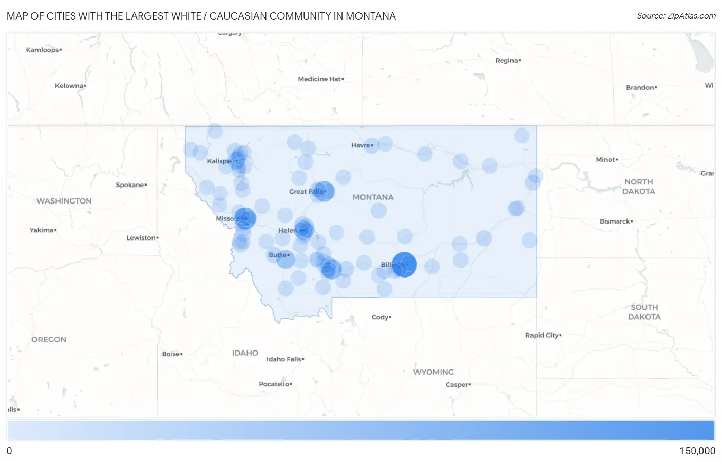 Cities with the Largest White / Caucasian Community in Montana Map