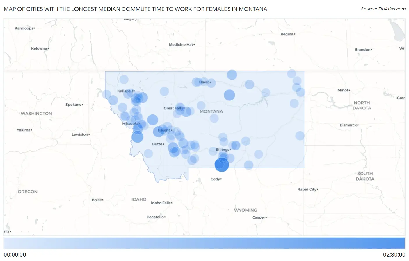 Cities with the Longest Median Commute Time to Work for Females in Montana Map