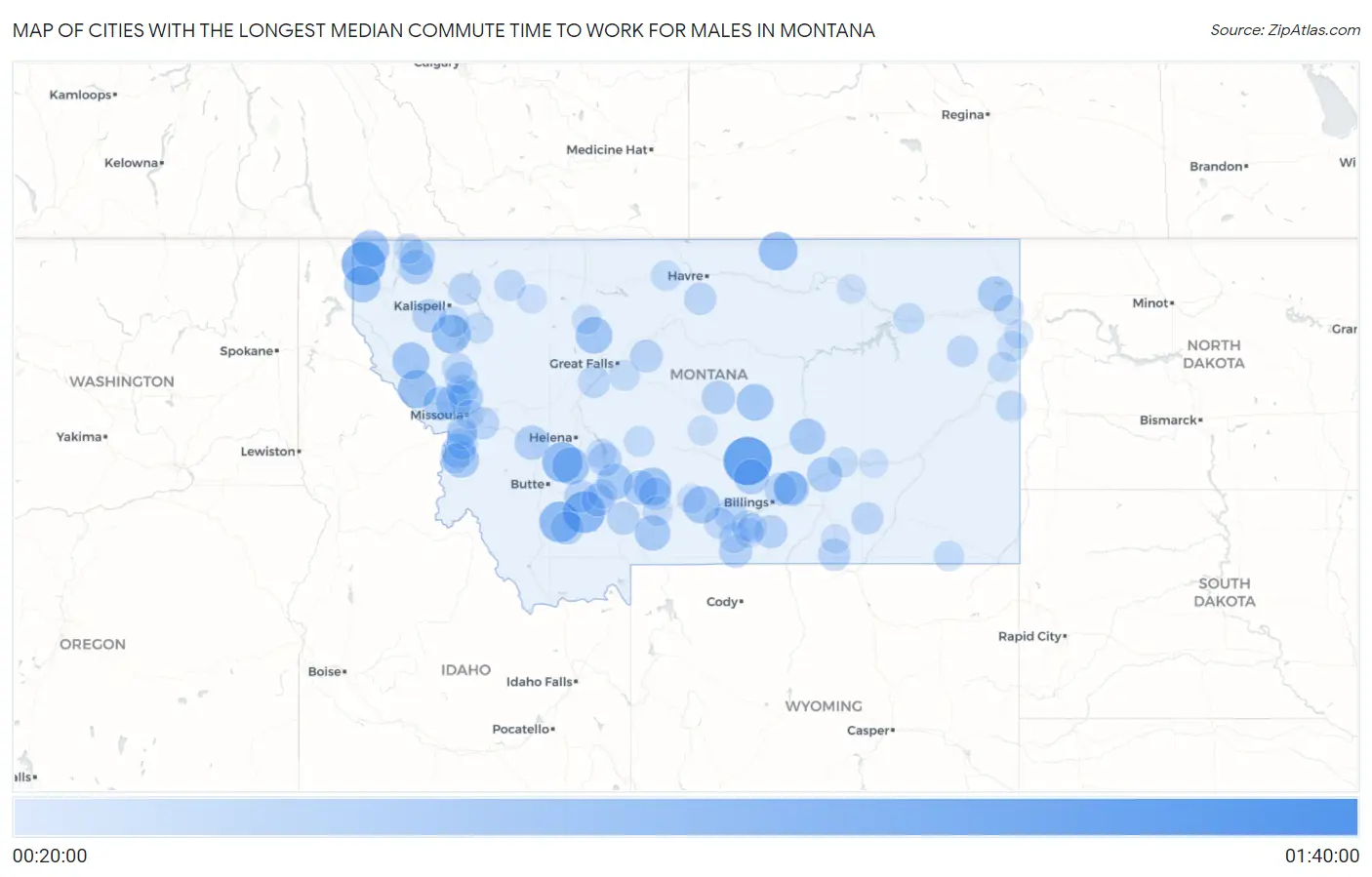 Cities with the Longest Median Commute Time to Work for Males in Montana Map