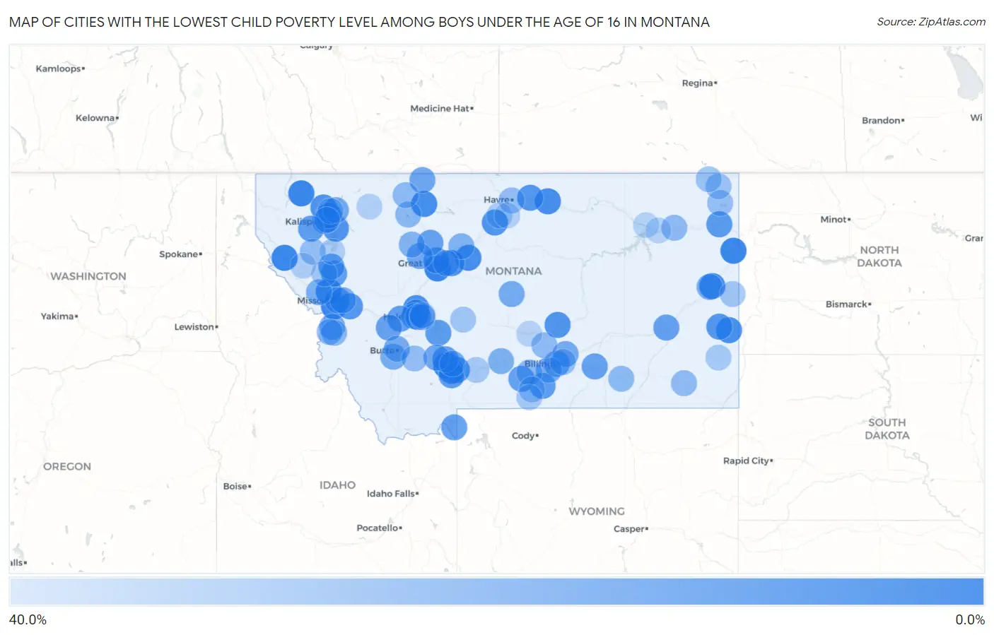 Cities with the Lowest Child Poverty Level Among Boys Under the Age of 16 in Montana Map