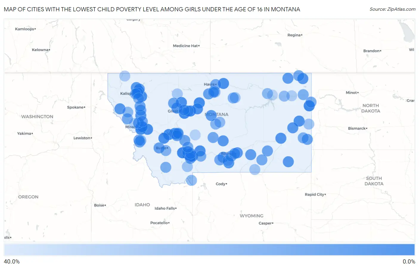 Cities with the Lowest Child Poverty Level Among Girls Under the Age of 16 in Montana Map