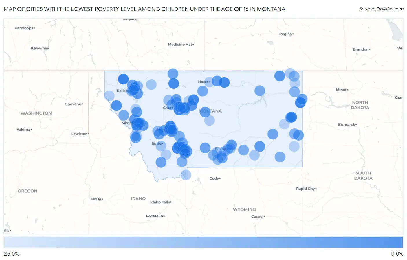 Cities with the Lowest Poverty Level Among Children Under the Age of 16 in Montana Map