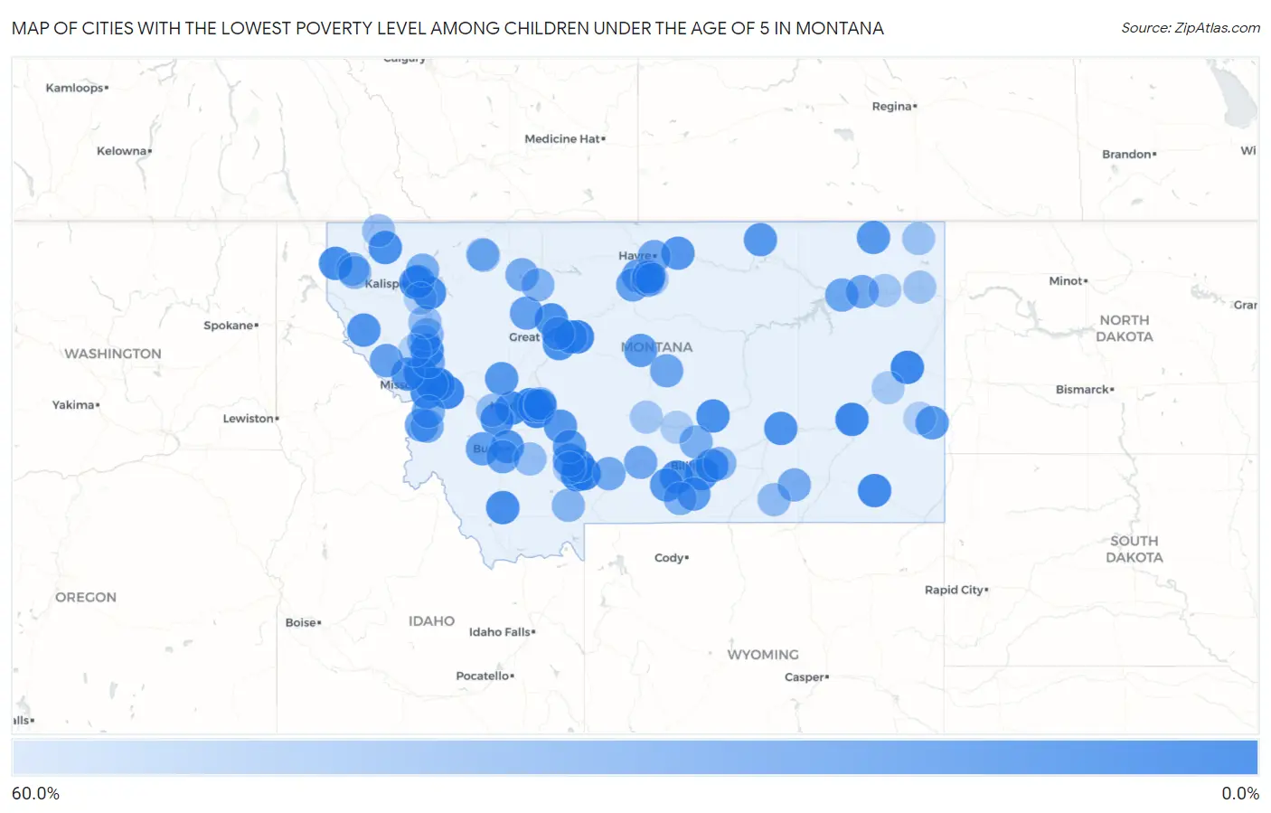 Cities with the Lowest Poverty Level Among Children Under the Age of 5 in Montana Map