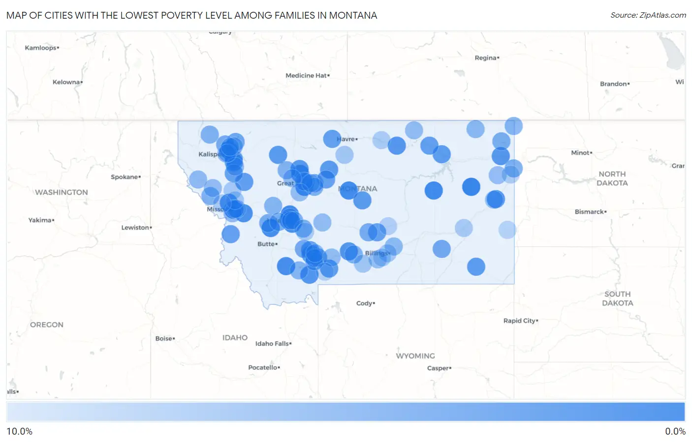 Cities with the Lowest Poverty Level Among Families in Montana Map