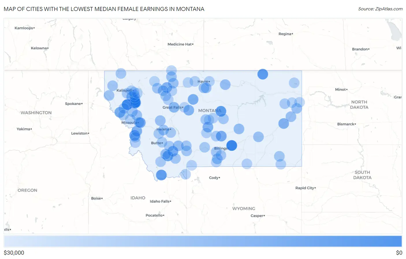 Cities with the Lowest Median Female Earnings in Montana Map