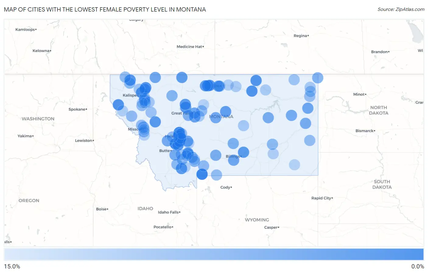 Cities with the Lowest Female Poverty Level in Montana Map