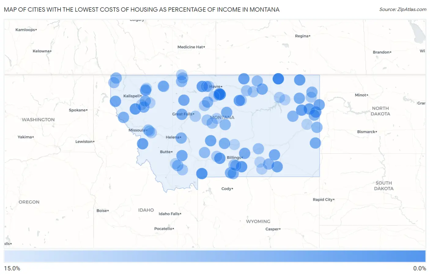 Cities with the Lowest Costs of Housing as Percentage of Income in Montana Map