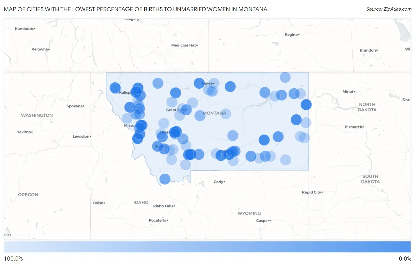 Cities with the Lowest Percentage of Births to Unmarried Women in Montana Map