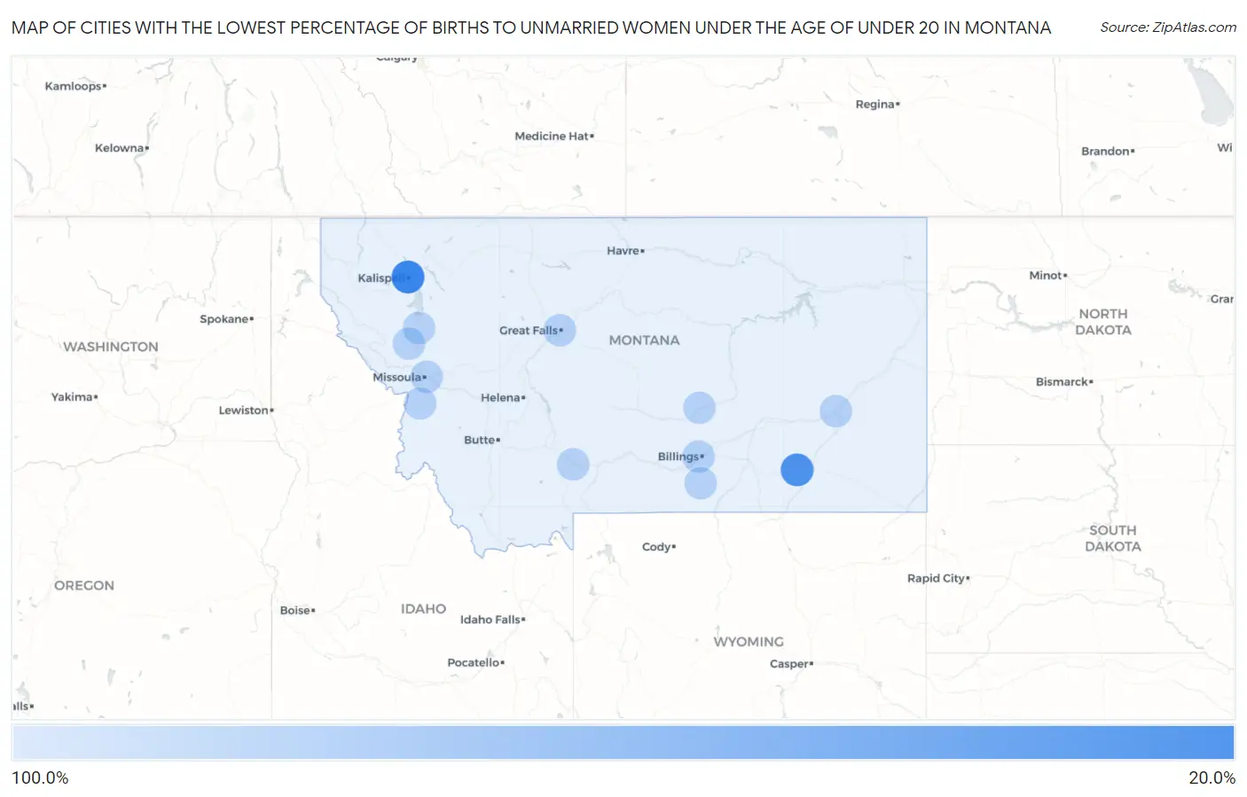 Cities with the Lowest Percentage of Births to Unmarried Women under the Age of under 20 in Montana Map