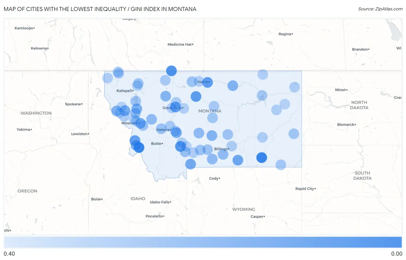 Cities with the Lowest Inequality / Gini Index in Montana Map
