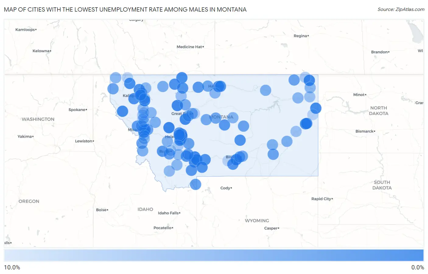 Cities with the Lowest Unemployment Rate Among Males in Montana Map