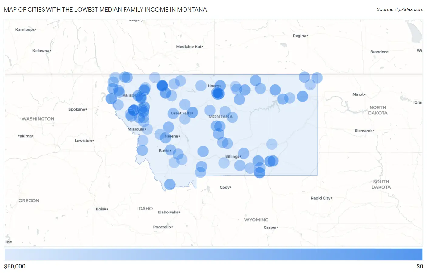 Cities with the Lowest Median Family Income in Montana Map