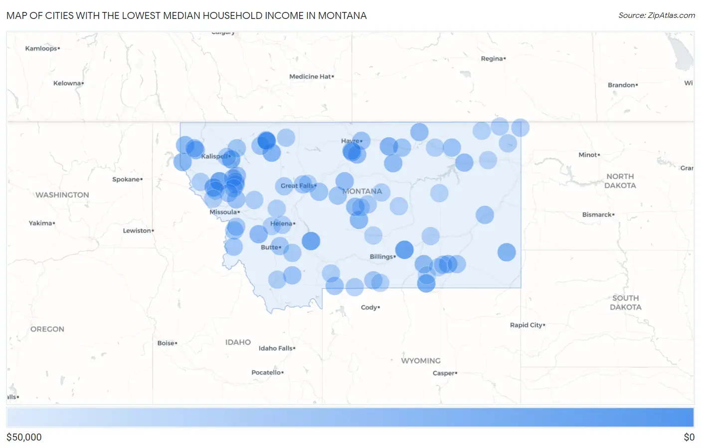 Cities with the Lowest Median Household Income in Montana Map