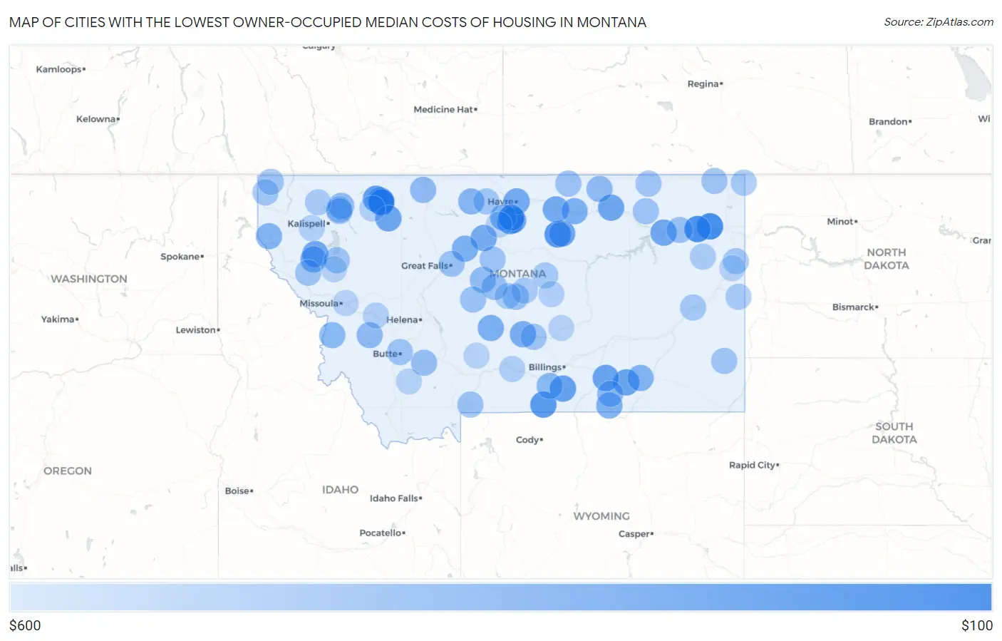 Cities with the Lowest Owner-Occupied Median Costs of Housing in Montana Map