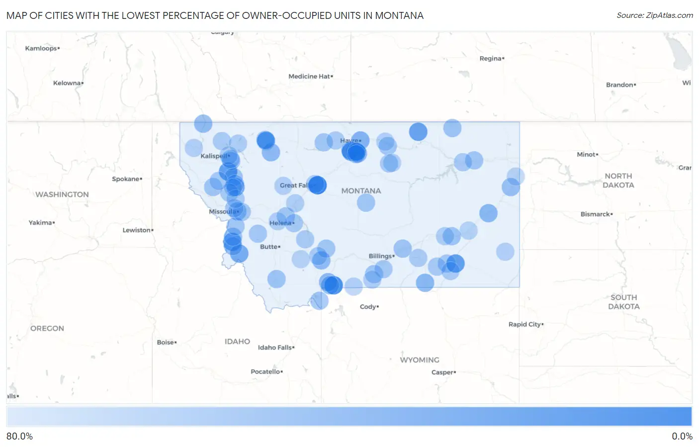 Cities with the Lowest Percentage of Owner-Occupied Units in Montana Map