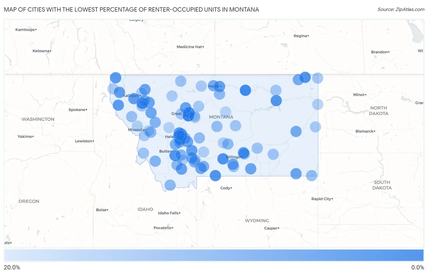 Cities with the Lowest Percentage of Renter-Occupied Units in Montana Map