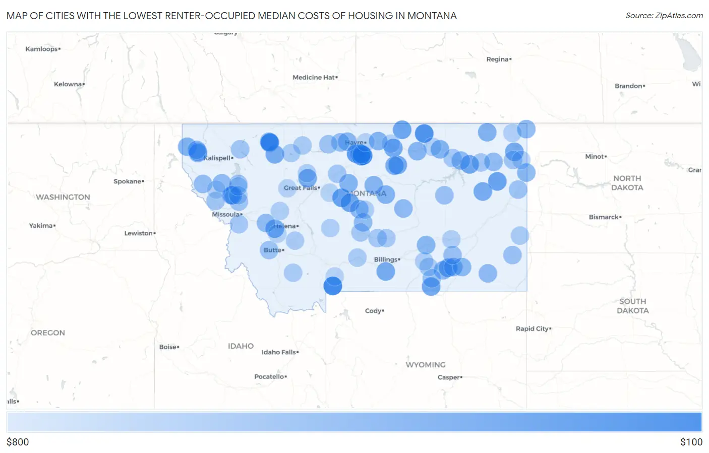 Cities with the Lowest Renter-Occupied Median Costs of Housing in Montana Map