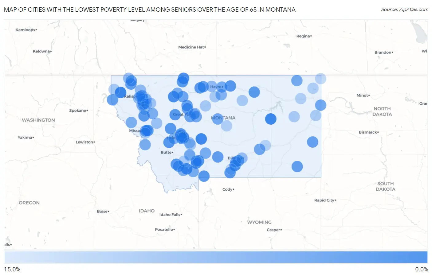 Cities with the Lowest Poverty Level Among Seniors Over the Age of 65 in Montana Map