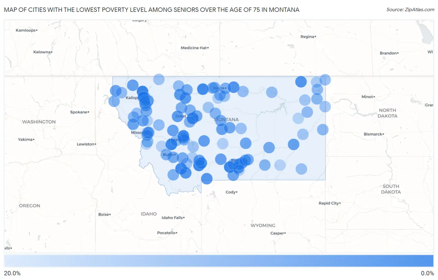 Cities with the Lowest Poverty Level Among Seniors Over the Age of 75 in Montana Map
