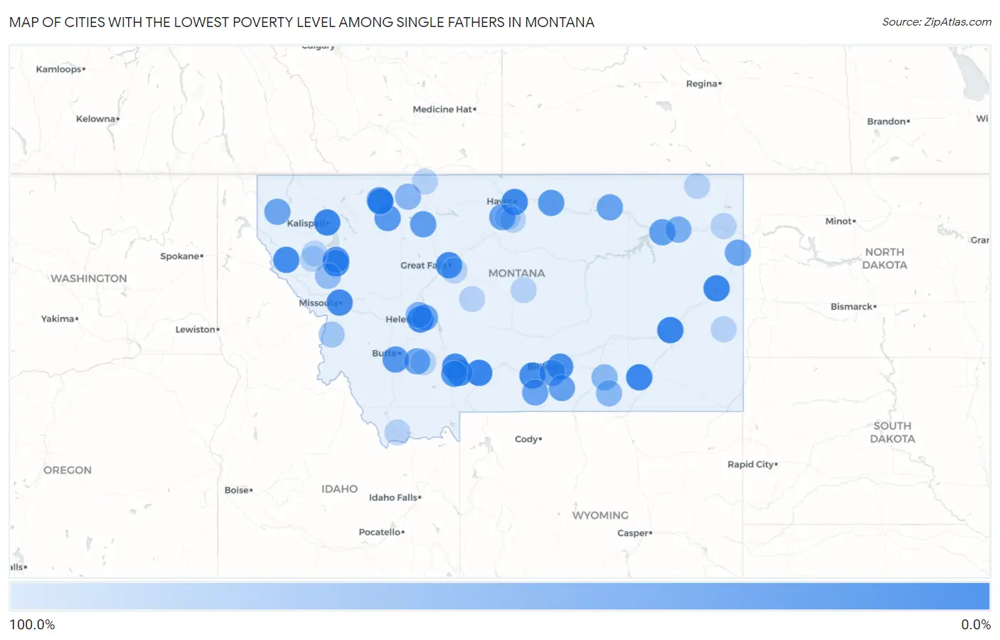 Cities with the Lowest Poverty Level Among Single Fathers in Montana Map