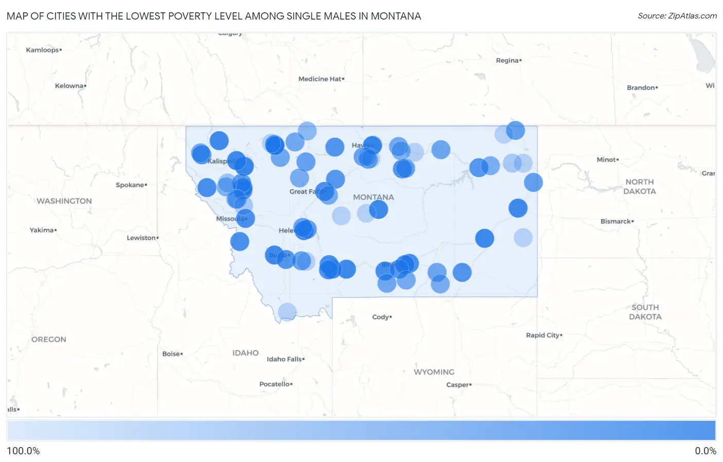 Cities with the Lowest Poverty Level Among Single Males in Montana Map
