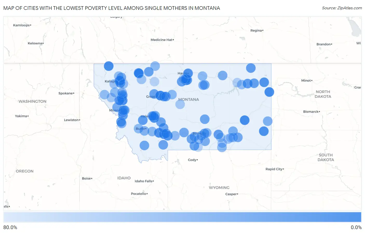 Cities with the Lowest Poverty Level Among Single Mothers in Montana Map