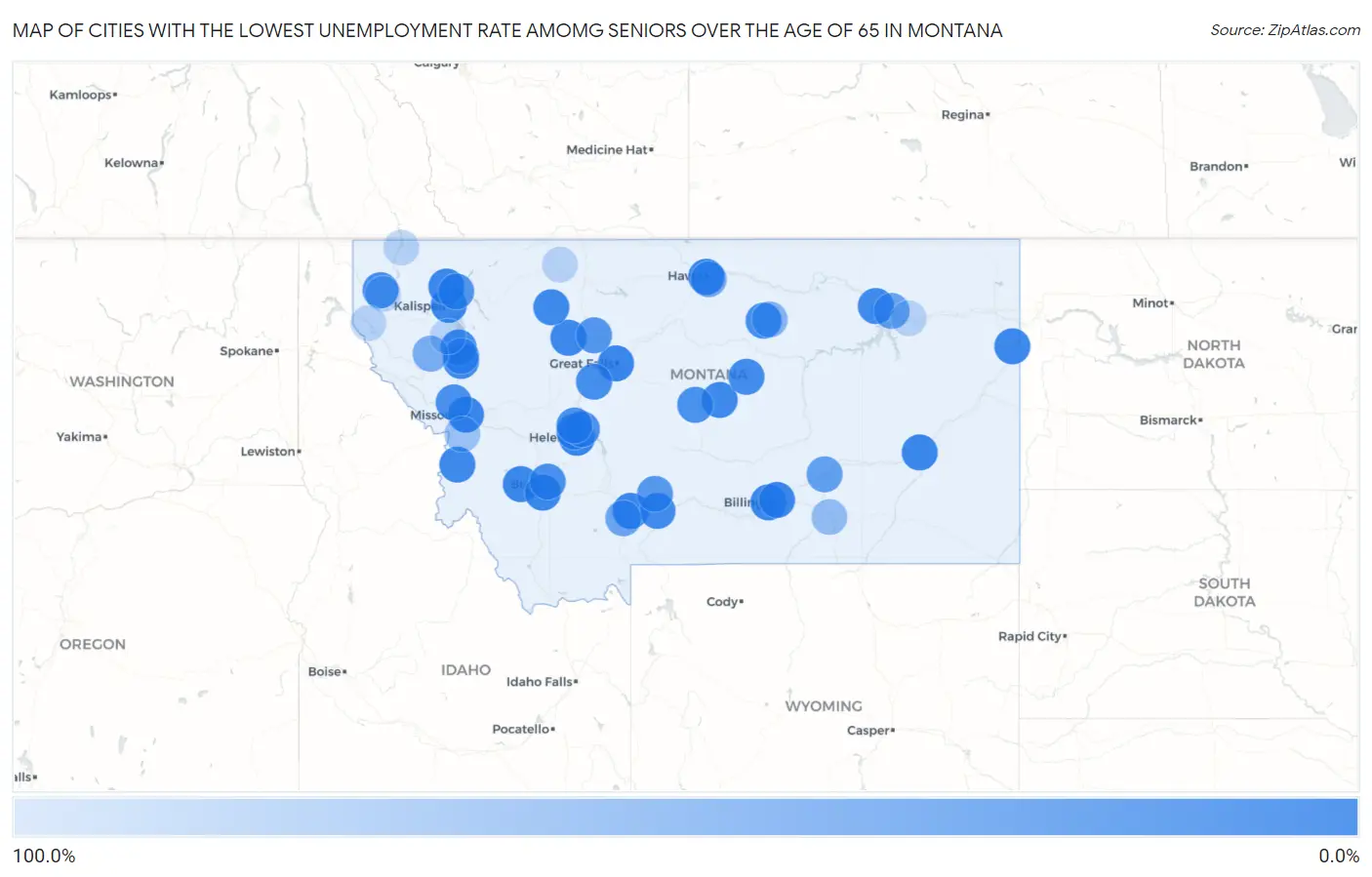 Cities with the Lowest Unemployment Rate Amomg Seniors Over the Age of 65 in Montana Map