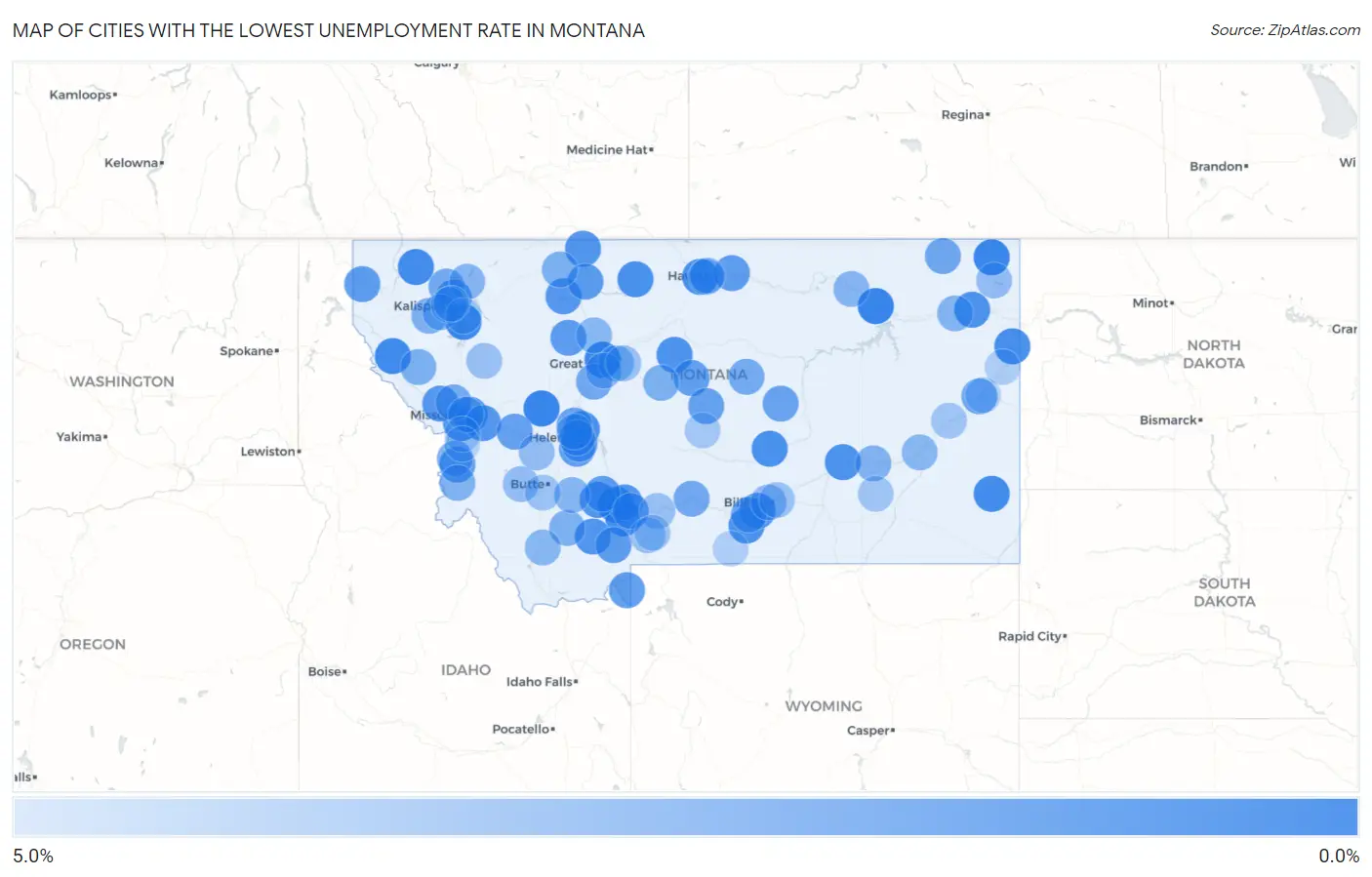 Cities with the Lowest Unemployment Rate in Montana Map