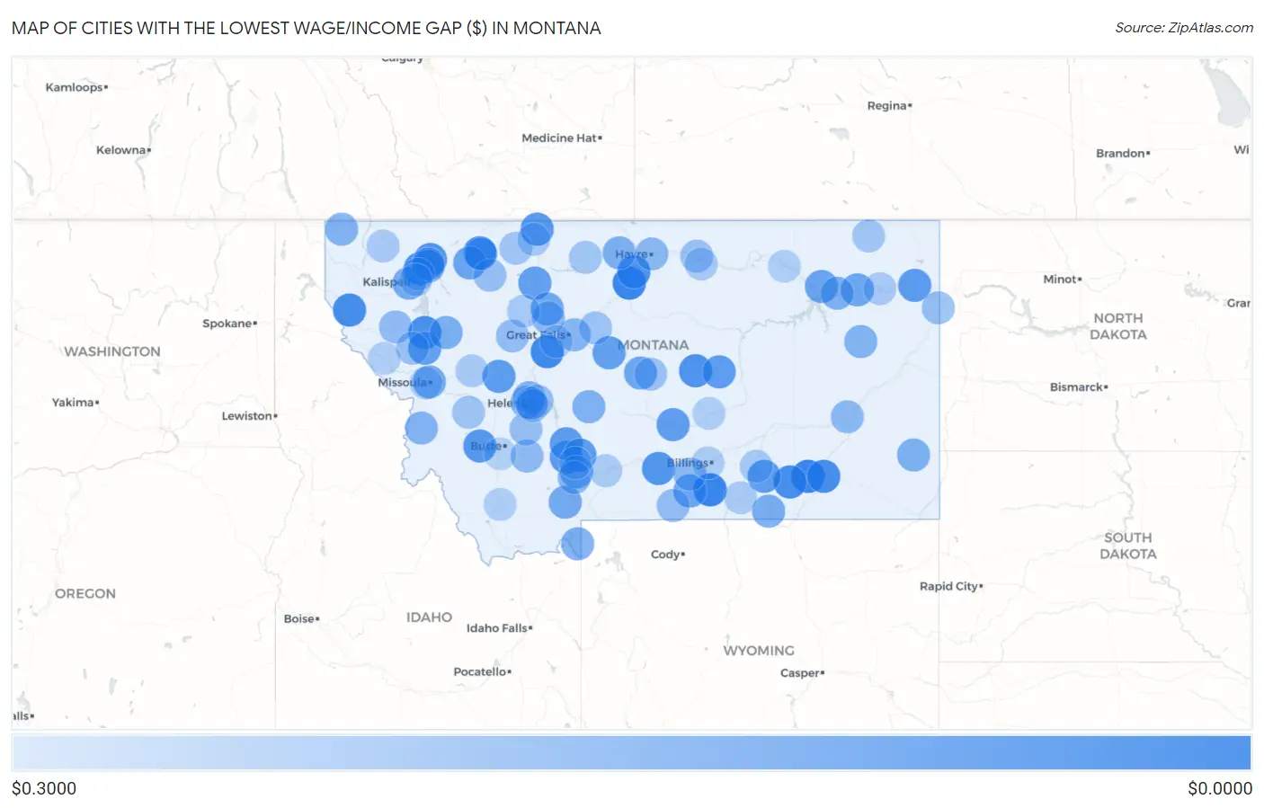 Cities with the Lowest Wage/Income Gap ($) in Montana Map