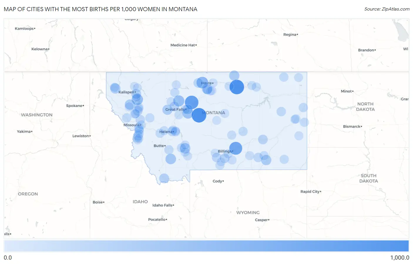 Cities with the Most Births per 1,000 Women in Montana Map