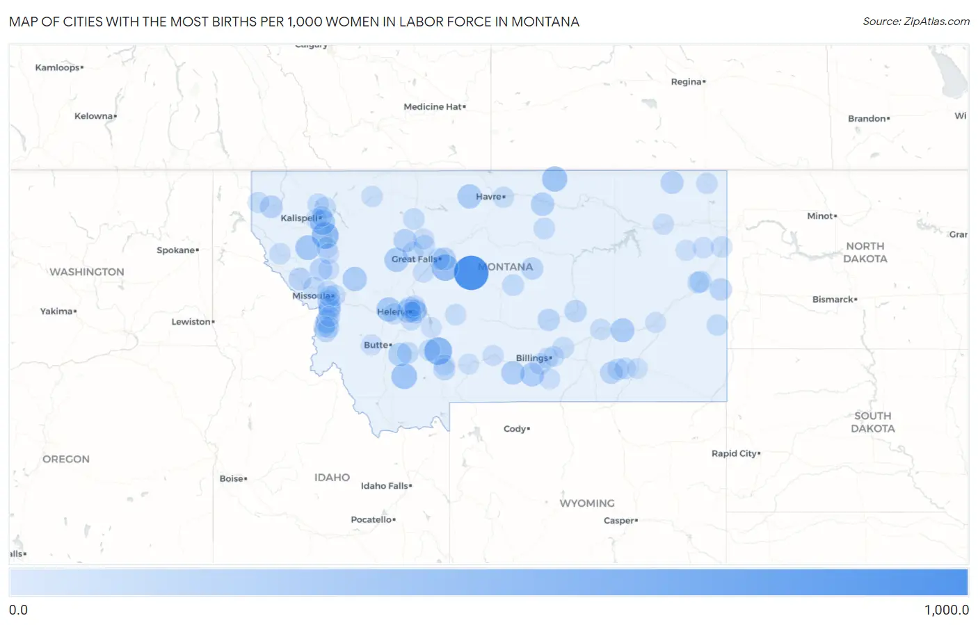 Cities with the Most Births per 1,000 Women in Labor Force in Montana Map