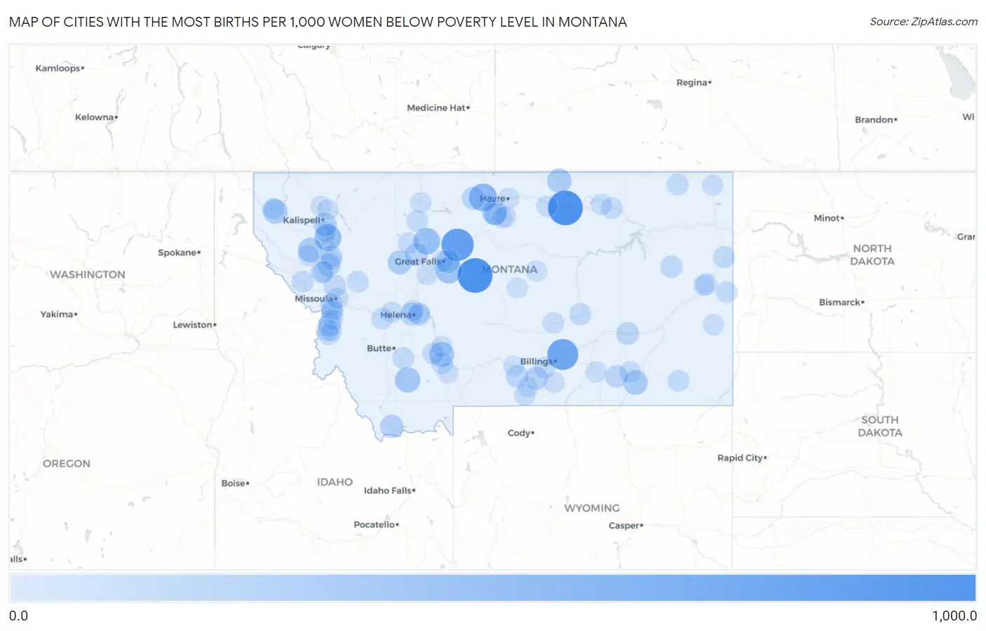 Cities with the Most Births per 1,000 Women Below Poverty Level in Montana Map