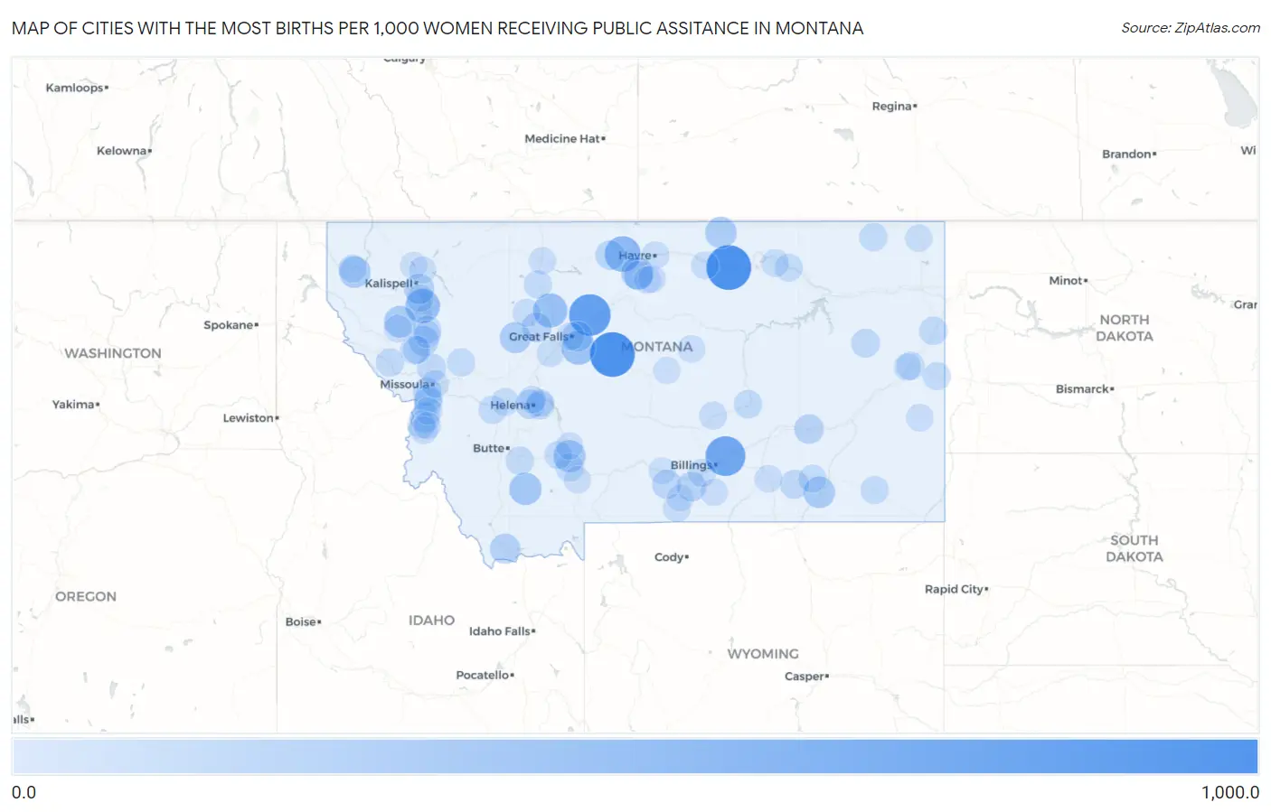 Cities with the Most Births per 1,000 Women Receiving Public Assitance in Montana Map