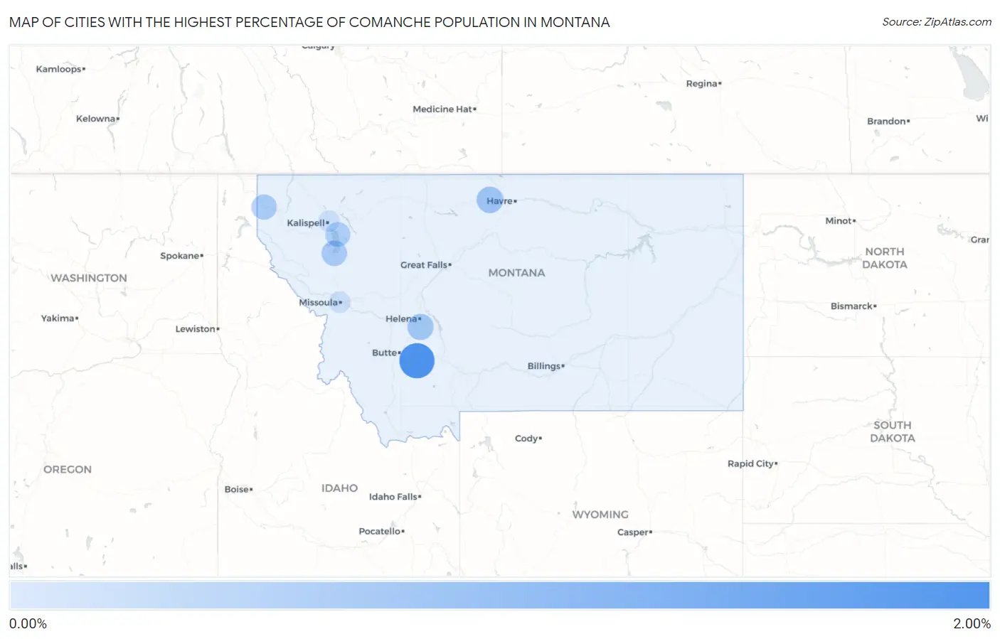Cities with the Highest Percentage of Comanche Population in Montana Map